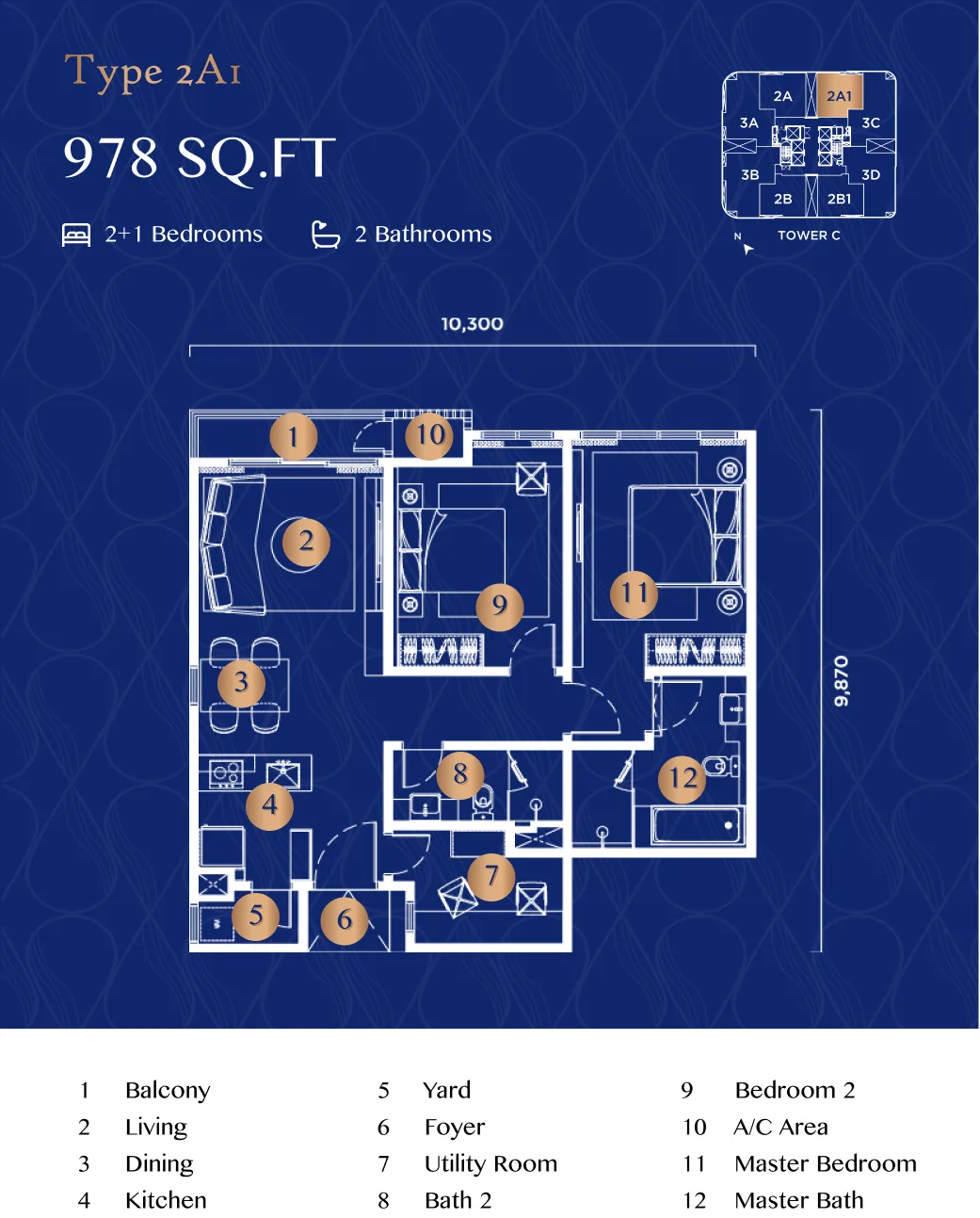Talisa Type 2A1 two-plus-one-bedroom floor plan