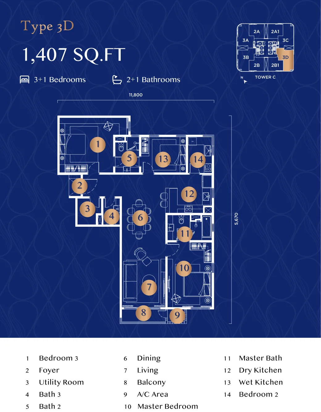 Talisa Type 3D three-plus-one-bedroom floor plan