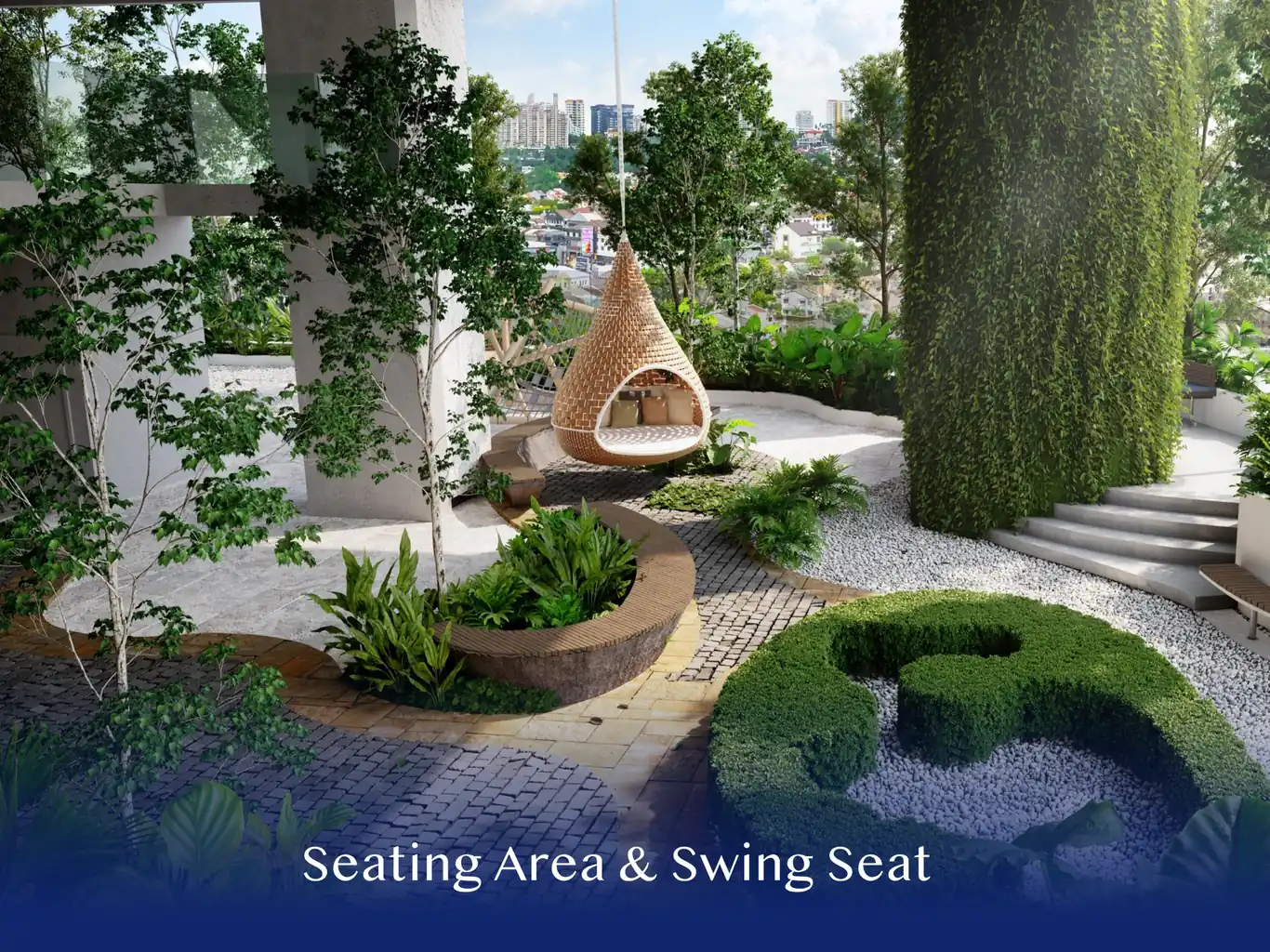 Talisa garden seating area and swing seat among mature trees